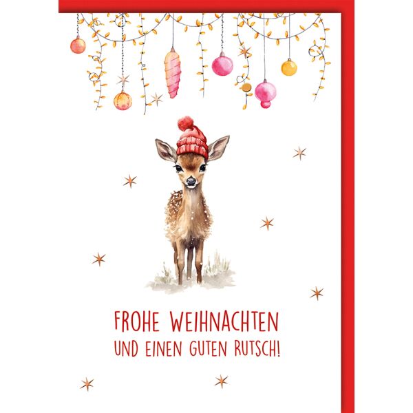Weihnachten Reh Kitz mit Mütze Weihnachtskarte mit Umschlag Frohe Weihnachten guter Rutsch