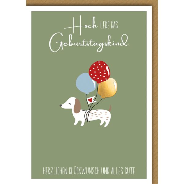 Geburtstag Karte mit Umschlag Hund an Luftballons plastikfrei unverpackt