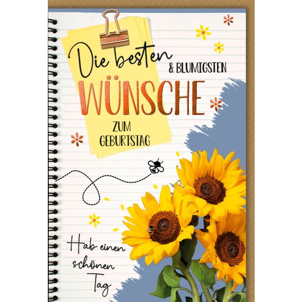 Geburtstag Karte mit Umschlag Sonnenblumen mit Notizen