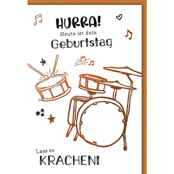 Geburtstag Karte mit Umschlag Schlagzeug, Zeichnung plastikfrei unverpackt