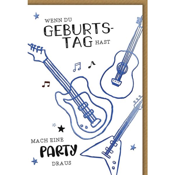 Geburtstag Karte mit Umschlag Gitarren, Zeichnung plastikfrei unverpackt