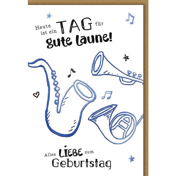 Geburtstag Karte mit Umschlag Blechinstrumente, Zeichnung plastikfrei unverpackt