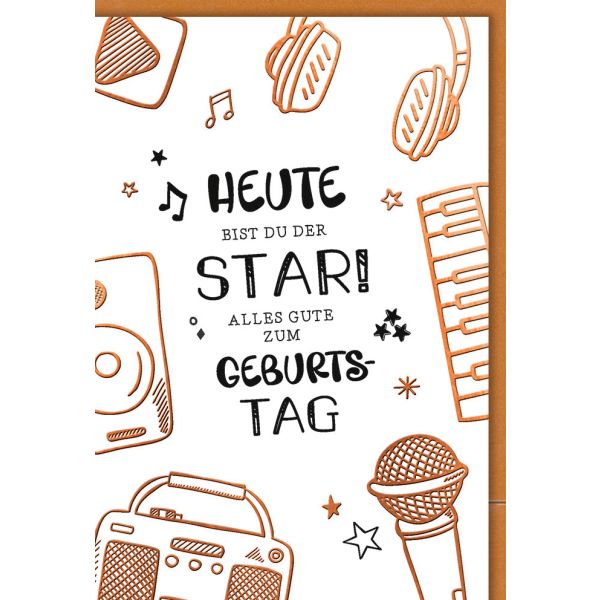 Geburtstag Karte mit Umschlag Musik und Mikro, Zeichnung