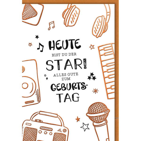 Geburtstag Karte mit Umschlag Musik und Mikro, Zeichnung