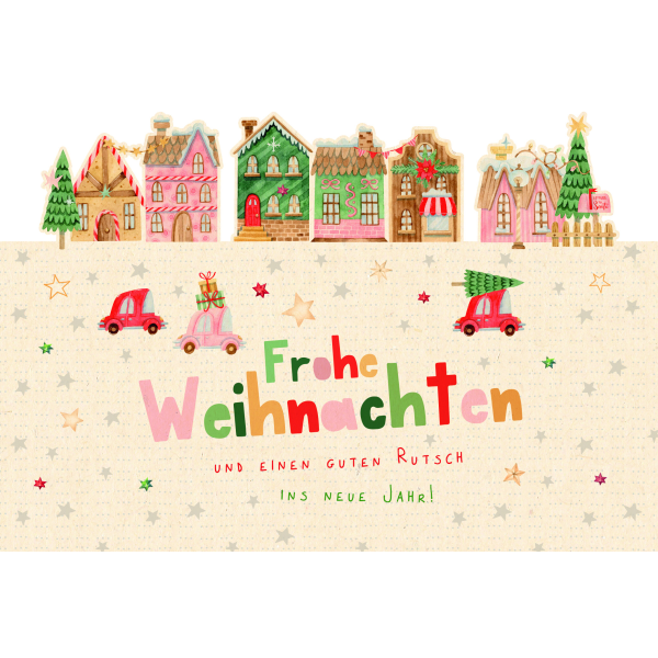 Weihnachten Grußkarte Glückwunschkarte mit Umschlag Laser Art Häuser, Autos, Weihna