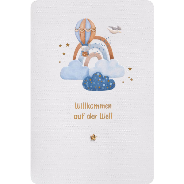 Geburt Baby Freudiges Ereignis Finest Collection unverpackte Glückwunschkarte mit Umschlag Willkommen auf der Welt Wolken Heißluftballon Regenbogen