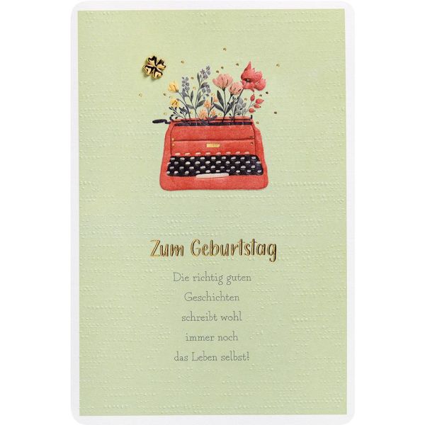Geburtstag Finest Collection unverpackte Glückwunschkarte mit Umschlag Zum Geburtstag Schreibmaschine mit Blumen und Spruch