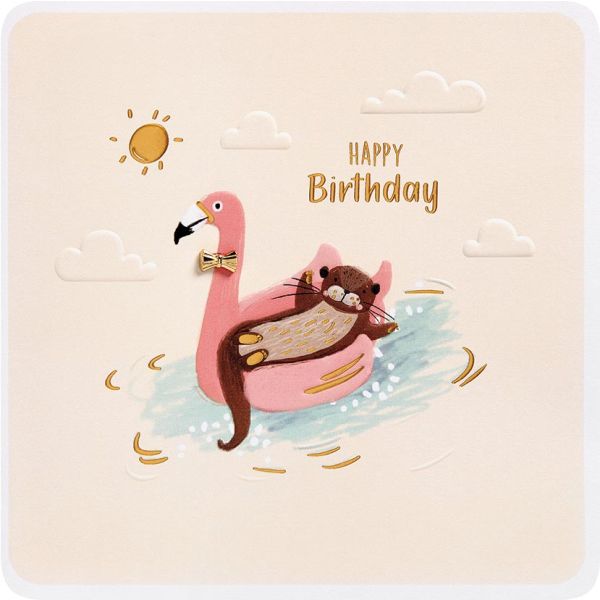 Geburtstag Finest Collection quadratische unverpackte Glückwunschkarte mit Umschlag Happy Birthday Otter auf Flamingo