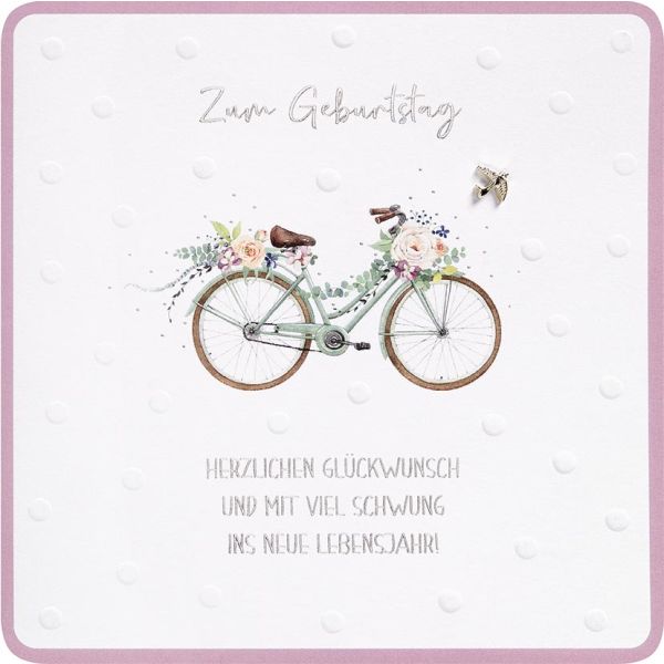 Geburtstag Finest Collection quadratische unverpackte Glückwunschkarte mit Umschlag Zum Geburtstag Fahrrad mit Blumen und Spruch