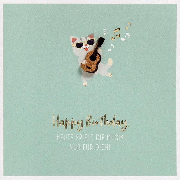 Geburtstag unverpackte quadratische Glückwunschkarte mit Umschlag Moments Collection Happy Birthday Heute spielt die Musik nur für Dich! Katze mit Gitarre