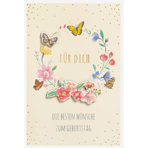 Geburtstag Feelings unverpackte Glückwunschkarte mit Umschlag Schmetterlinge Blumen Beste Wünsche Applikation