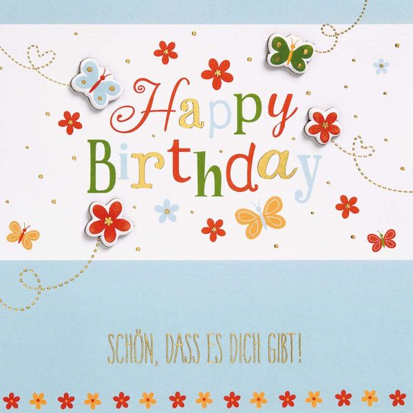 Geburtstag Feelings Quadratische unverpackte Glückwunschkarte mit Umschlag Happy Birthday Schön, dass es Dich gibt Applikation