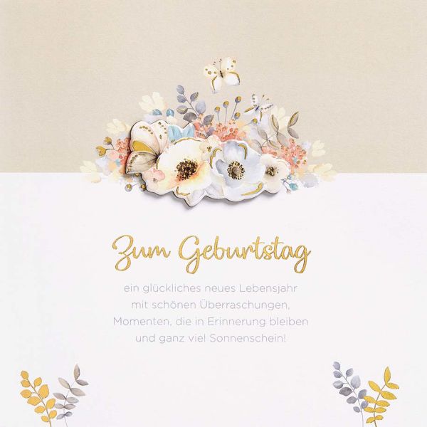 Geburtstag Feelings Quadratische unverpackte Glückwunschkarte mit Umschlag Blumen Spruch Applikation