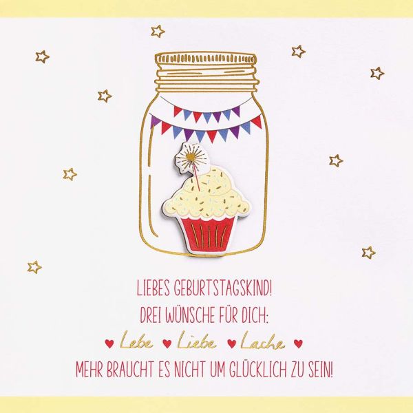 Geburtstag Feelings Quadratische unverpackte Glückwunschkarte mit Umschlag Lebe Liebe Lache Applikation