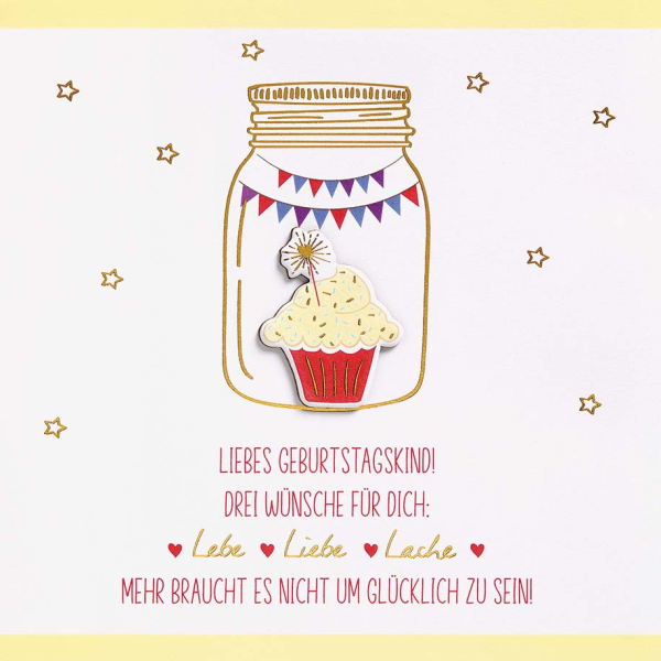 Geburtstag Feelings Quadratische unverpackte Glückwunschkarte mit Umschlag Lebe Liebe Lache Applikation
