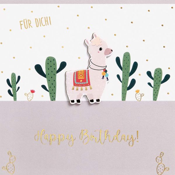 Geburtstag Feelings Quadratische unverpackte Glückwunschkarte mit Umschlag Lama Happy Birthday Applikation