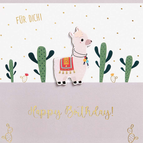 Geburtstag Feelings Quadratische unverpackte Glückwunschkarte mit Umschlag Lama Happy Birthday Applikation