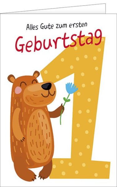 1. Geburtstag - Glückwunschkarte mit Umschlag - Bär mit Blume