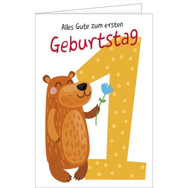 1. Geburtstag - Glückwunschkarte mit Umschlag - Bär mit Blume