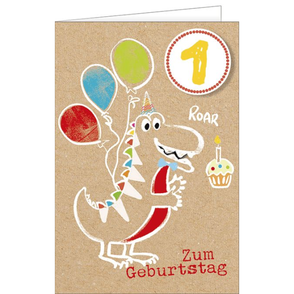 A 1. Geburtstag - Glückwunschkarte mit Umschlag - Dino Drache