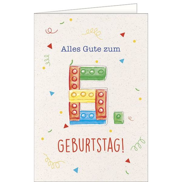 6. Geburtstag - Glückwunschkarte mit Umschlag - Lego Bausteine