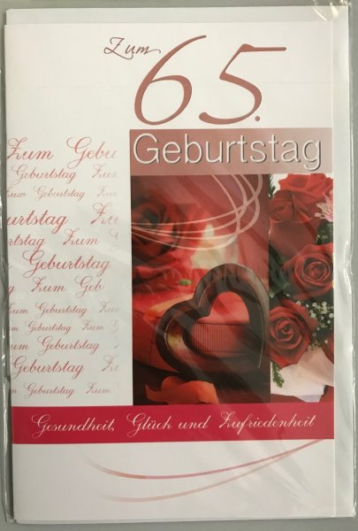 65. Geburtstag - Glückwunschkarte mit Umschlag - Herz und Rosen - Zum 65. Geburtstag