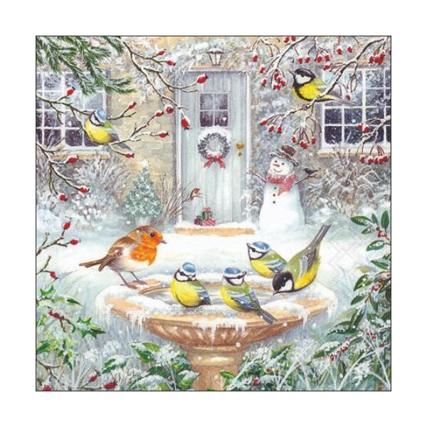 Weihnachten Cocktail Servietten 25x25 cm 3-lagig 20 Servietten Joy bath Vögel im Brunnen