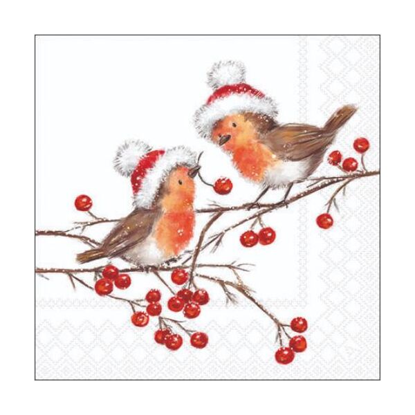 Weihnachten Cocktail Servietten 25x25 cm 3-lagig 20 Servietten Christmas robins white Rotkehlchen mit Weihnachtsmütze