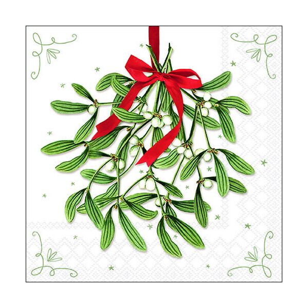 Weihnachten Servietten 33x33 cm 3-lagig 20 Servietten Mistletoe with bow white Mistelzweig
