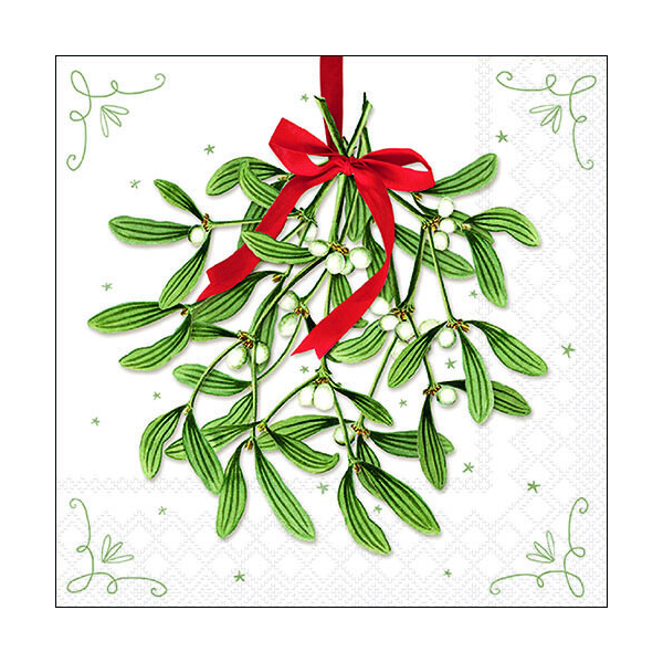 Weihnachten Servietten 33x33 cm 3-lagig 20 Servietten Mistletoe with bow white Mistelzweig