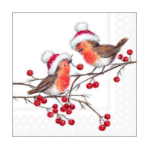 Weihnachten Servietten Lunch 33x33 cm 3-lagig 20 Servietten Christmas robins white Rotkehlchen mit Weihnachtsmütze