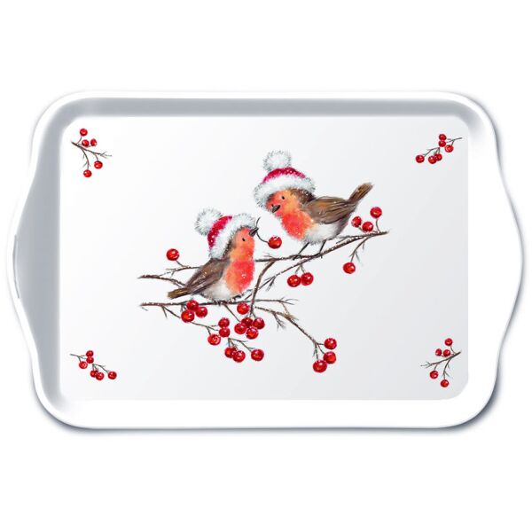 Weihnachten Tablett 13x21 cm Christmas robins white Rotkehlchen mit Weihnachtsmütze