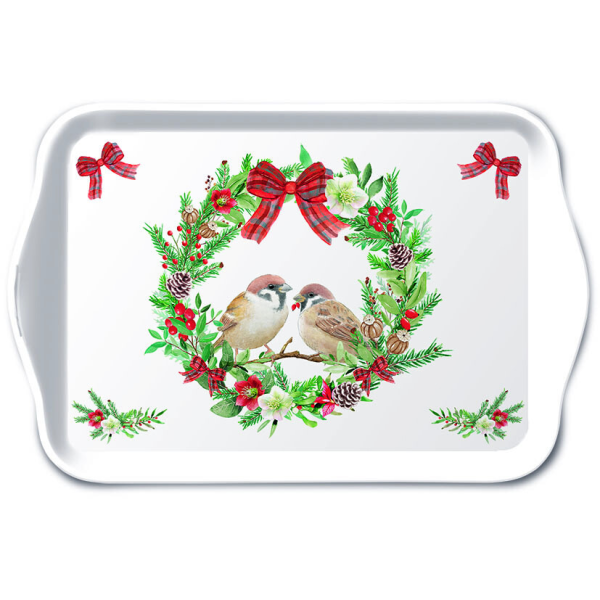 Weihnachten Tray Melamine Tablett 13x21 cm Sparrows in wreath
