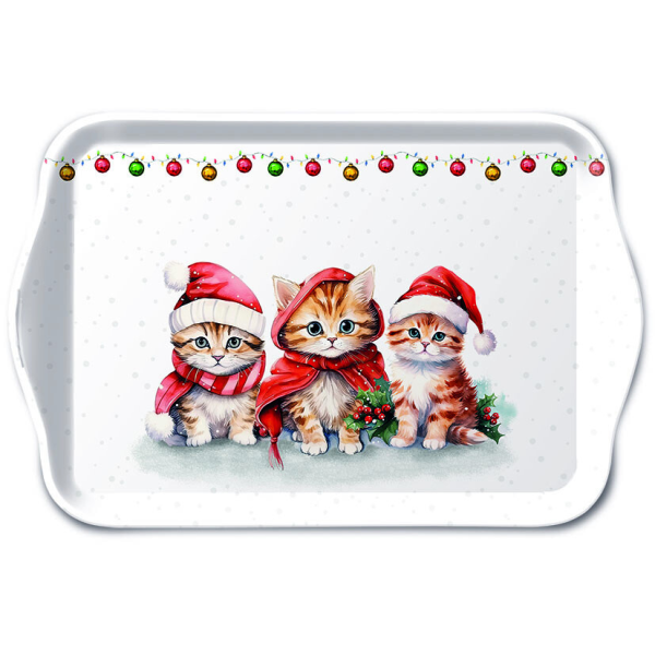 A-2026 Weihnachten Tablett 13x21 cm Funny cute kittens -Kitten mit Weihnachtsmützen