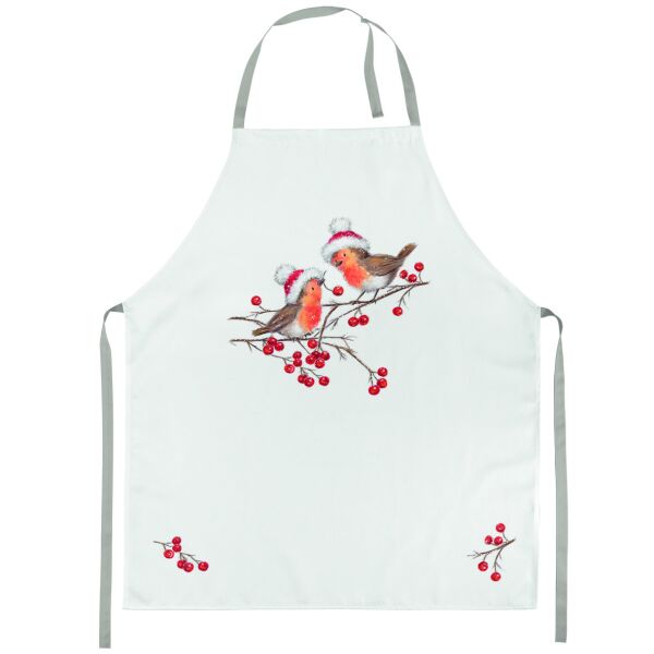 Weihnachten Schürze 70x85 cm Apron Christmas robins white Rotkehlchen mit Weihnachtsmütze Küchenschürze