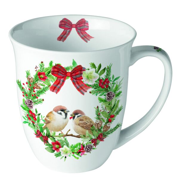 Weihnachten Becher Mug 0.4 L Fine Bone China Ø 10 cm x H 10,5 cm Sparrows in wreath Vögel in Kranz