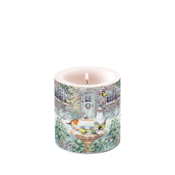 Weihnachten Kerze klein Ø 7,5 cm x 9 cm Joy bath Vögel im Brunnen