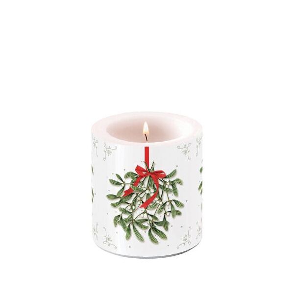 Weihnachten Kerze klein Ø 7,5 cm x 9 cm Mistletoe with bow white
