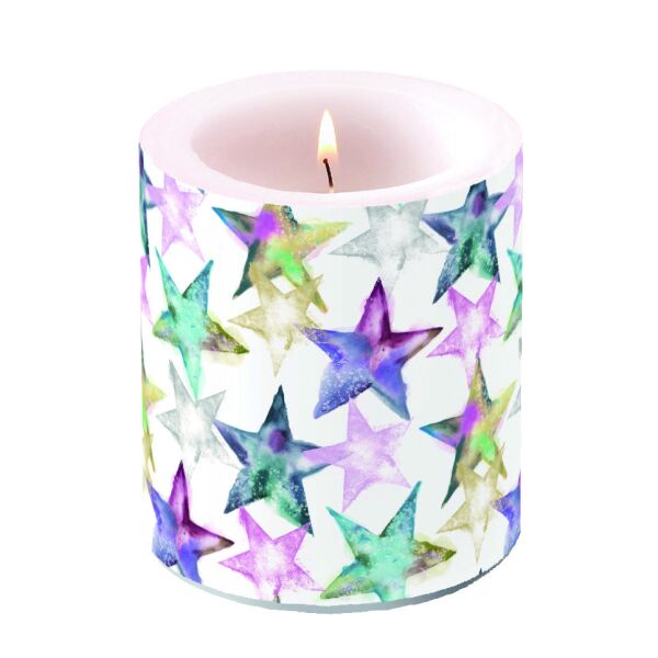 A Weihnachten Kerze medium Ø 10 cm x 10 cm Watercolour stars bunte Sterne