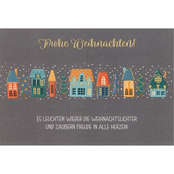 Weihnachten Unverpackte Glückwunschkarte Frohe Weihnachten geschmückte Häuser mit Briefumschlag