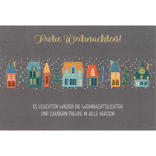 Weihnachten Unverpackte Glückwunschkarte Frohe Weihnachten geschmückte Häuser mit Briefumschlag