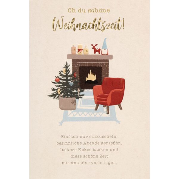 Weihnachten Unverpackte Glückwunschkarte Schöne Weihnachtszeit Kamin Tannenbaum Sofa mit Briefumschlag
