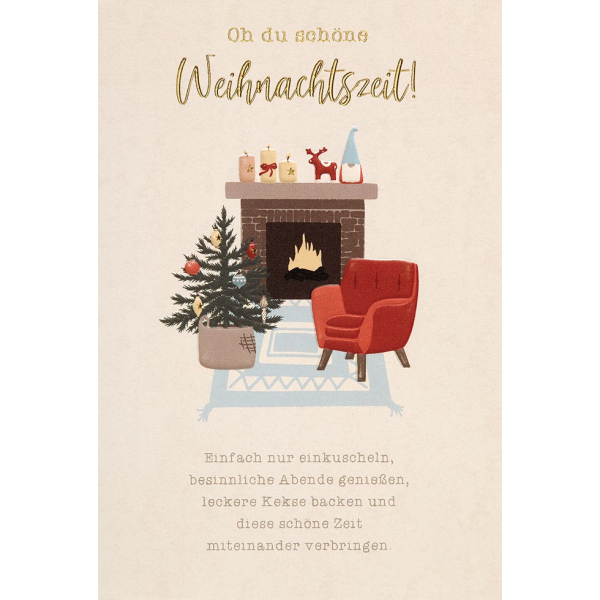 Weihnachten Unverpackte Glückwunschkarte Schöne Weihnachtszeit Kamin Tannenbaum Sofa mit Briefumschlag