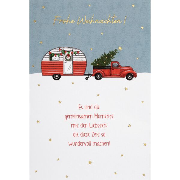 Weihnachten - unverpackte Glückwunschkarte 11,5x17 cm mit Briefumschlag - Auto Wohnwagen Tannenbaum