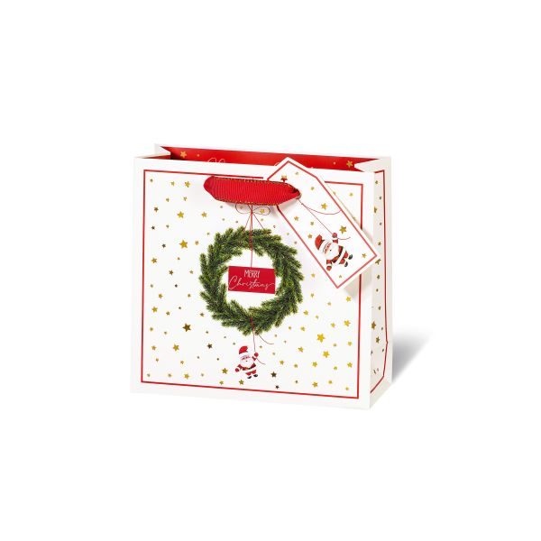 Weihnachten Geschenktasche CD-Format Santa is coming Weihnachtsmann Kranz