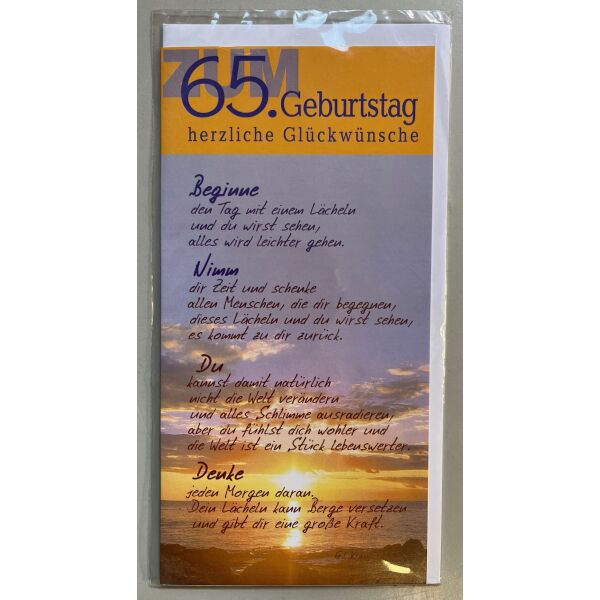 65. Geburtstag Glückwunschkarte lang mit Umschlag - Weisheit - Regel