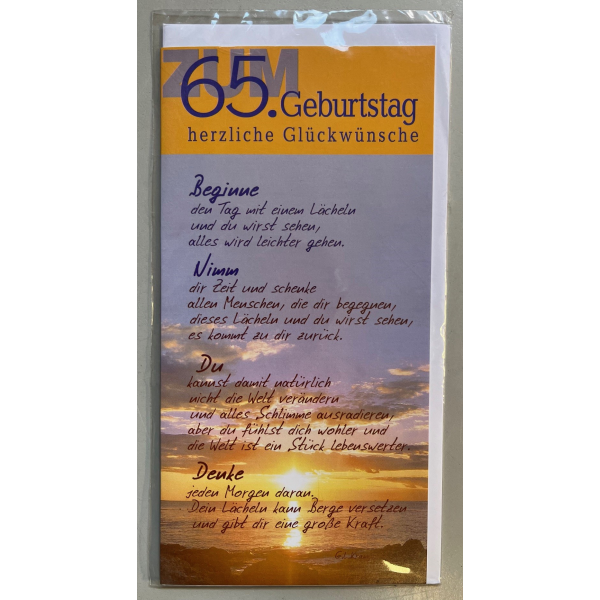 65. Geburtstag Glückwunschkarte lang mit Umschlag - Weisheit - Regel