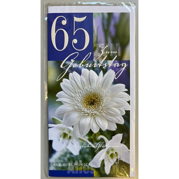 65. Geburtstag Glückwunschkarte lang mit Umschlag - Weiße Blume