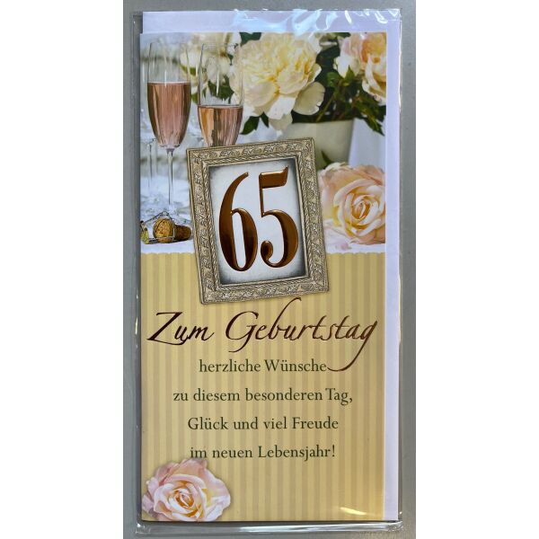 65. Geburtstag Glückwunschkarte lang mit Umschlag - Sekt Blumen Goldene 65
