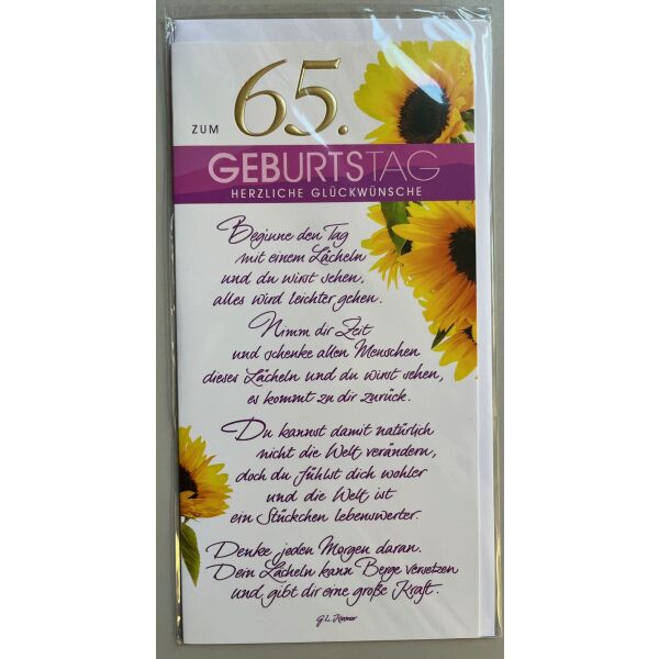 65. Geburtstag Glückwunschkarte lang mit Umschlag - Lächeln Zeit Spruch